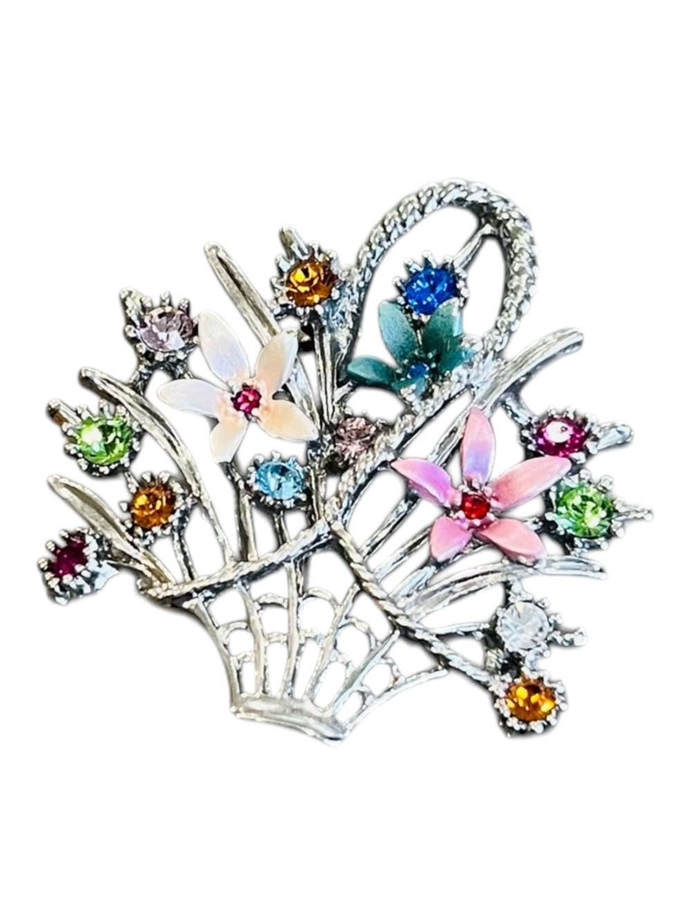 Vintage Flower Basket Brooch – Silver Tone with Rhinestones & Enamel